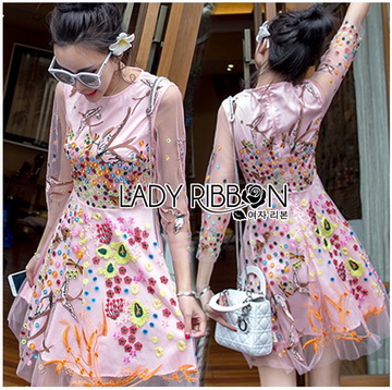 Lady Ribbon Online ขายส่งเสื้อผ้าออนไลน์ของแท้ LR10070716 🎀 Lady Ribbon's Made 🎀 Lady Catherine Sweet Feminine Embroidered Tulle Pink Dress