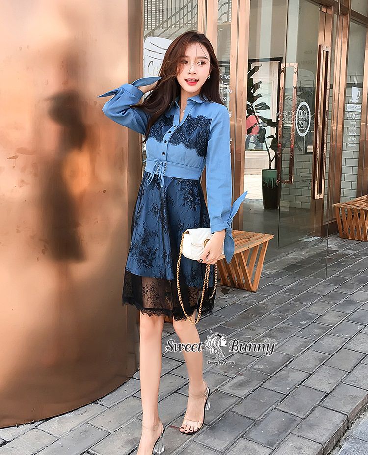 เดรสทรงเชิ้ตแขนยาว ปลายแขนผูกโบว์