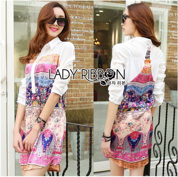 Lady Ribbon Online เสื้อผ้าออนไลน์ขายส่ง LR19070716 🎀 Lady Ribbon's Made 🎀 Lady Victoria Colourful Mixed Floral Printed Satin Shirt Dress