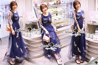 SS03010916 Seoul Secret Say's... Netty Bird Stickly Maxi Dress Material : เนื้อผ้า Net เนื้อนุ่ม สวยหรูด้วยทรงแม๊กซี่ตัวยาว