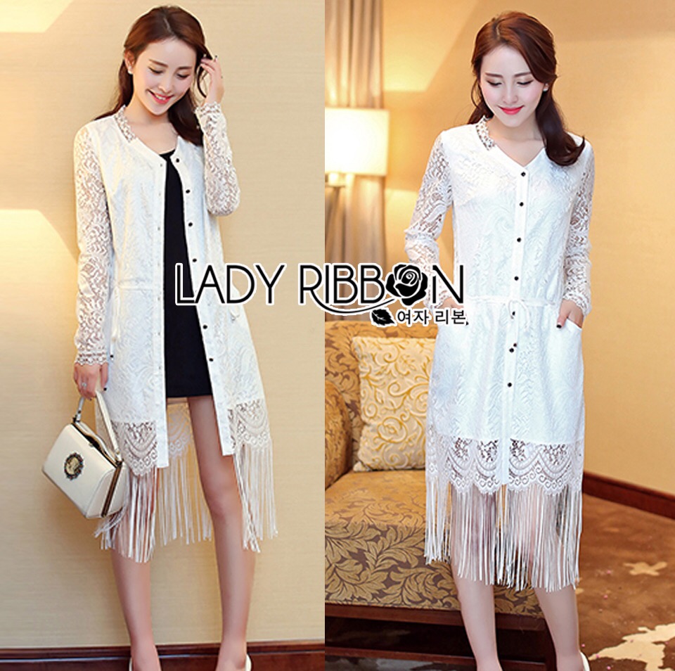 Lady Ribbon's Made 🎀 Lady Amanda Modern Hippie Fringed Lace Shirt Dress เชิ้ตเดรสผ้าลูกไม้ตกแต่งชายพู่ระบายสไตล์โมเดิร์นฮิปปี้ ลุคนี้ใส่แล้วเหมือนแบรนด์ Self-Portrait เลยค่ะ