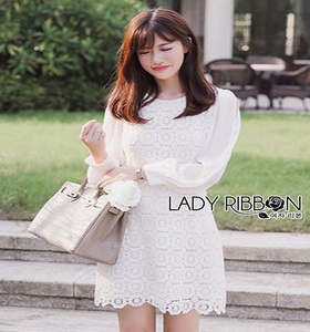 White Lady ribbon Lace and Chiffon Dress เดรสผ้าลูกไม้