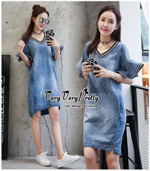Lady Ribbon Online ขายส่งเสื้อผ้าออนไลน์ Very very pretty เสื้อผ้า VP04100816 Chic Denim Flared sleeves Dress