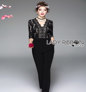 Lady Ribbon Black Lace Jumpsuit จัมป์สูทขายาว
