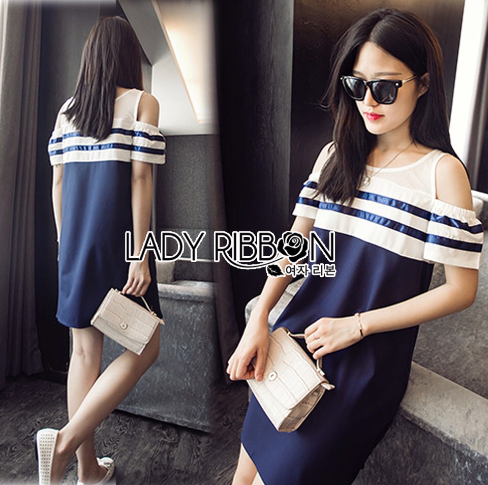 🌹Price : Lady Ribbon เสื้อผ้า LR14120516 🎀 Lady Ribbon's Made 🎀 Lady Isla Glam Chic Navy Blue Striped Dress