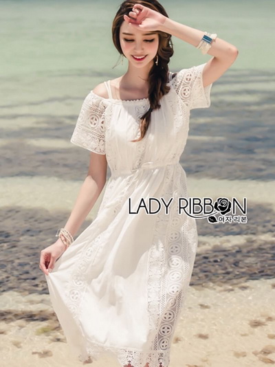 เดรสยาวเปิดไหล่ผ้าคอตตอนปักลาย