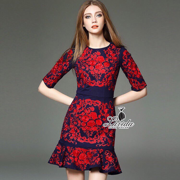 Lady Ribbon Online เสื้อผ้า ออนไลน์ ของแท้ LV08230616 🍭Korea Design By Lavida aristocrat red floral embroidered luxury dress
