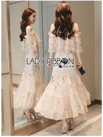 เดรสผ้าทูลเลปักเลื่อมสีทองตกแต่งระบาย