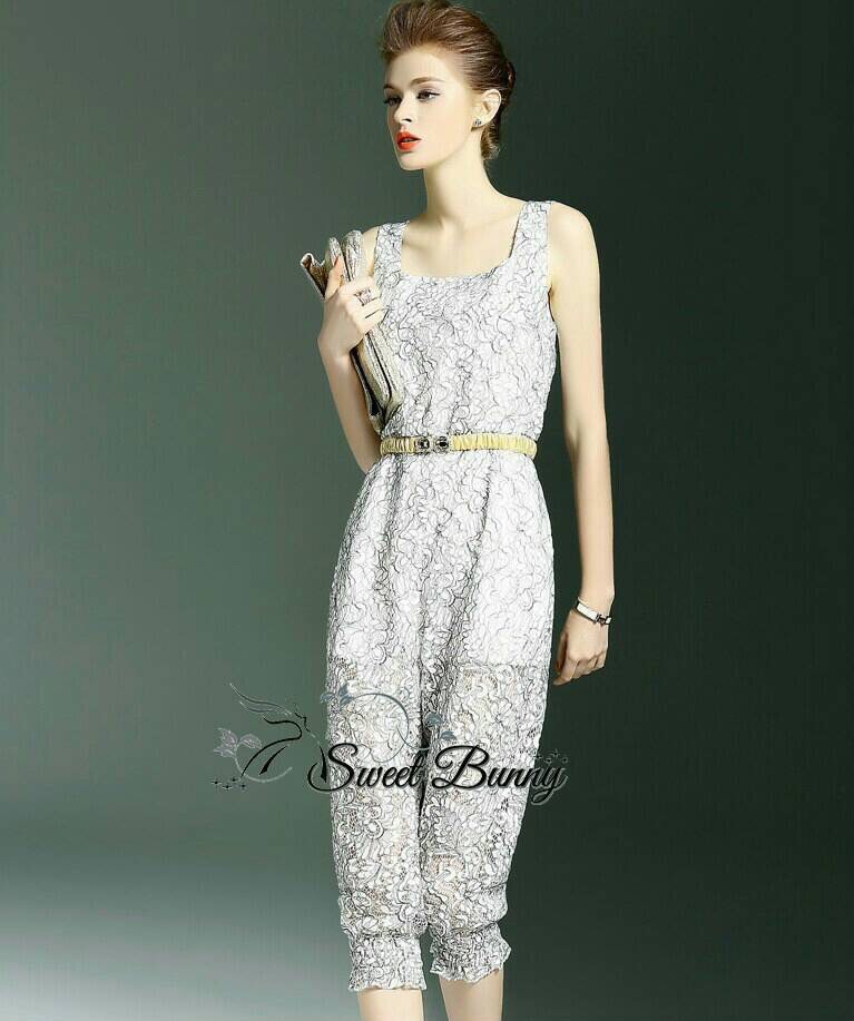 Lady Ribbon Online SW 09090616 Sweet Bunny Present... Lace Panel Jumpsuit With Belt