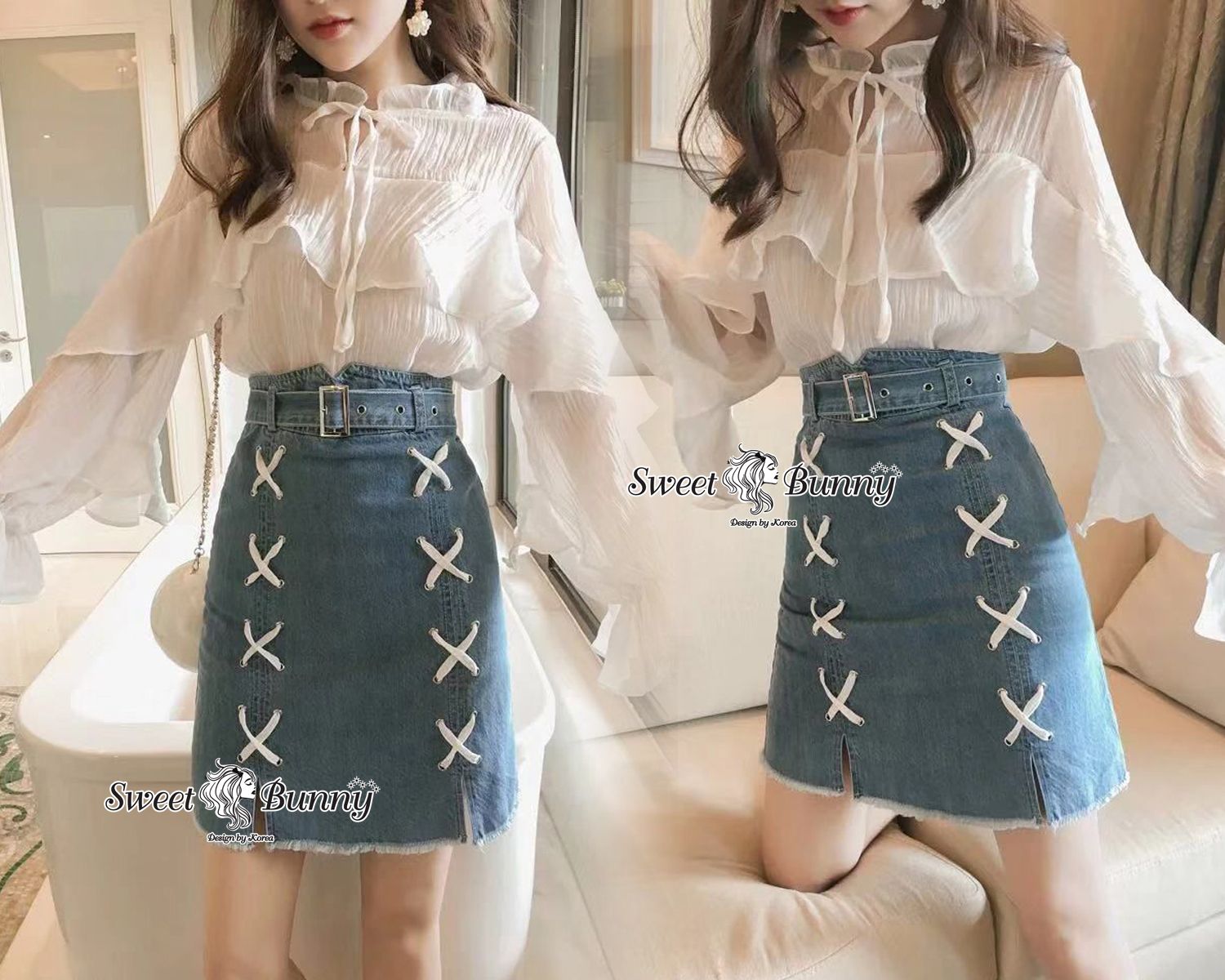 เสื้อแขนยาวคอผูกโบว์ ระบายอกไล่ยาว