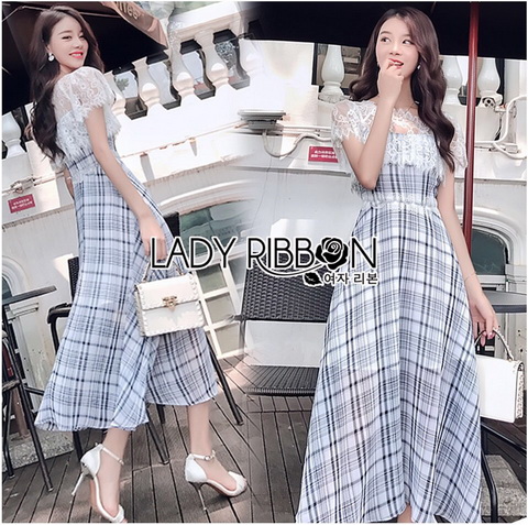 เดรสยาวลายสก็อตสีดำตกแต่งลูกไม้สีขาว