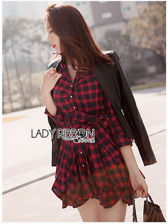 Red Tartan Ruffle Lady Ribbon Shirt Dress