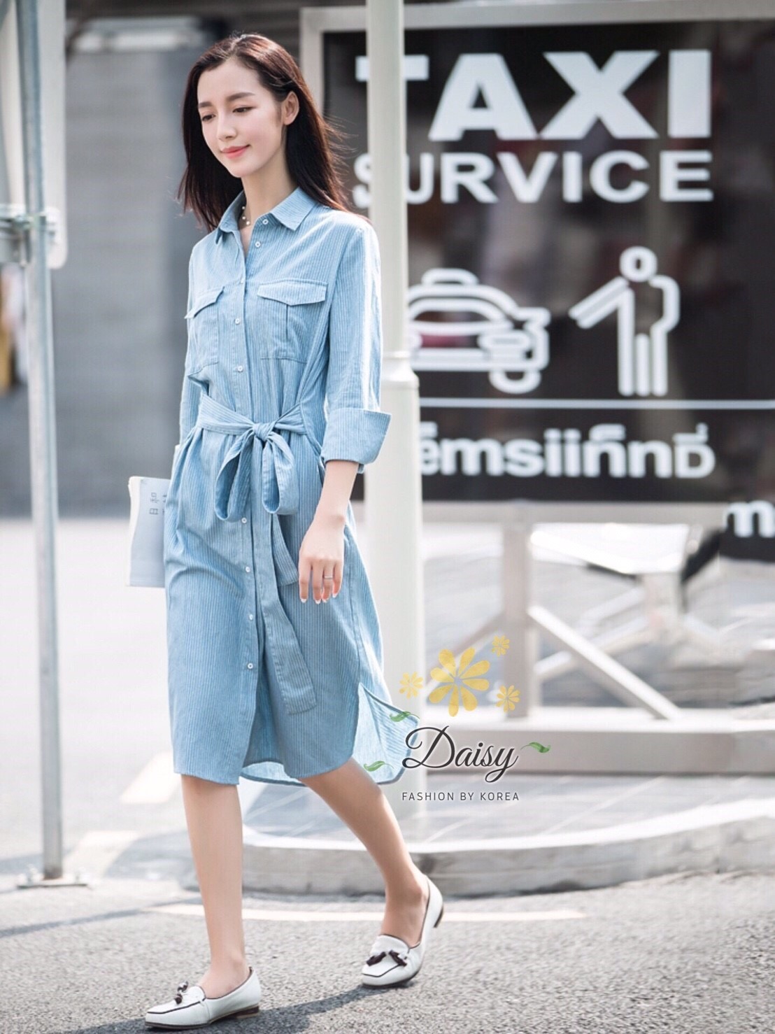 แฟชั่นเกาหลีเดรสเชิตผ้ายีนส์ลายริ้ว