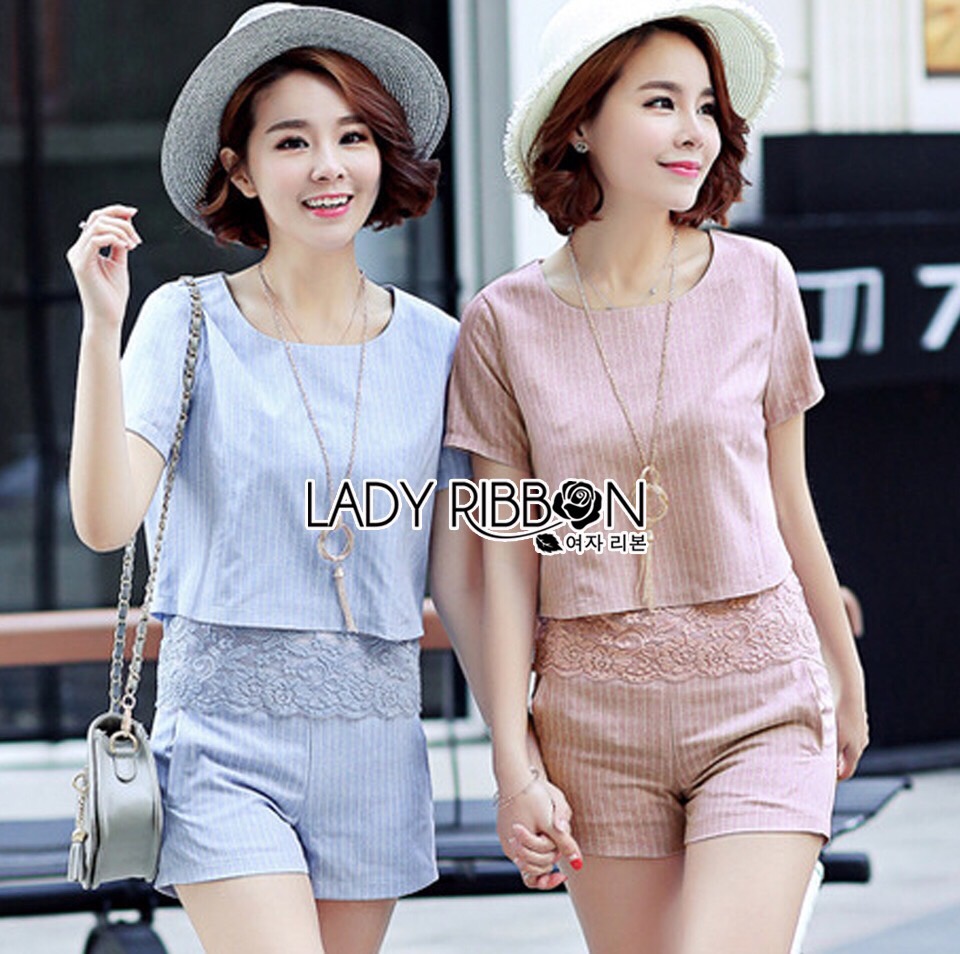Lady Ribbon Online เสื้อผ้า ออนไลน์ ขายส่ง LR18230616 🎀 Lady Ribbon's Made 🎀 Lady Stephanie Sweet Minimal Striped Cotton Cropped Top with Lace Trim and Pants