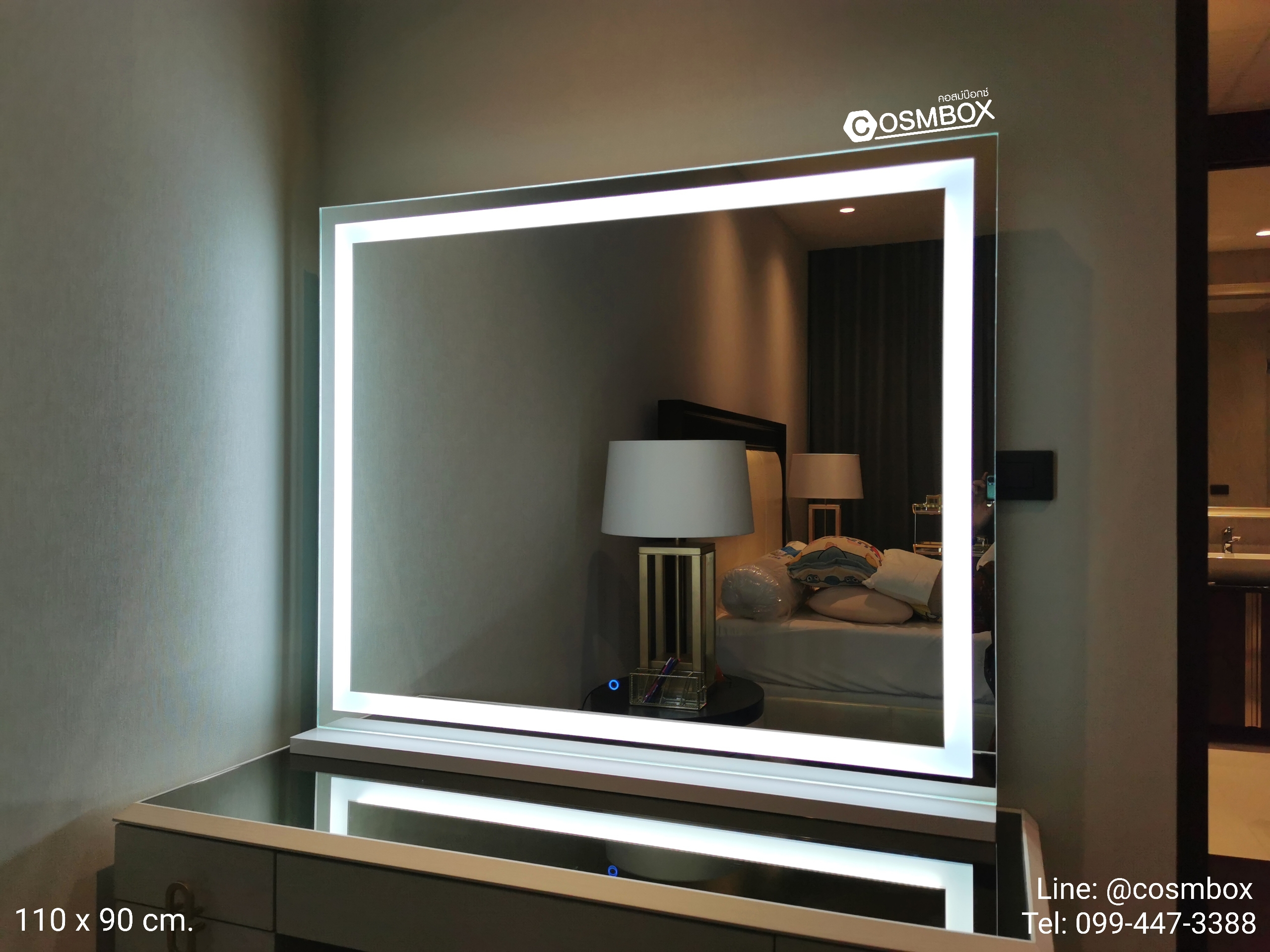 กระจกแต่งหน้า กระจกมีไฟ (ซ่อนไฟ) - 110 x 90 cm. (รุ่นตั้งโต๊ะ) ฐานสีขาว