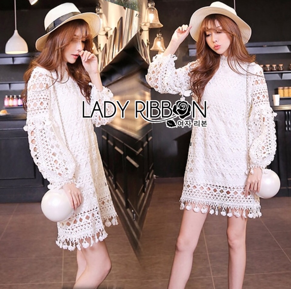 Lady Ribbon เสื้อผ้า LB16160516 🎀 Lady Ribbon's Made 🎀 Lady Gabriella Sweet Feminine White Crochet Dress