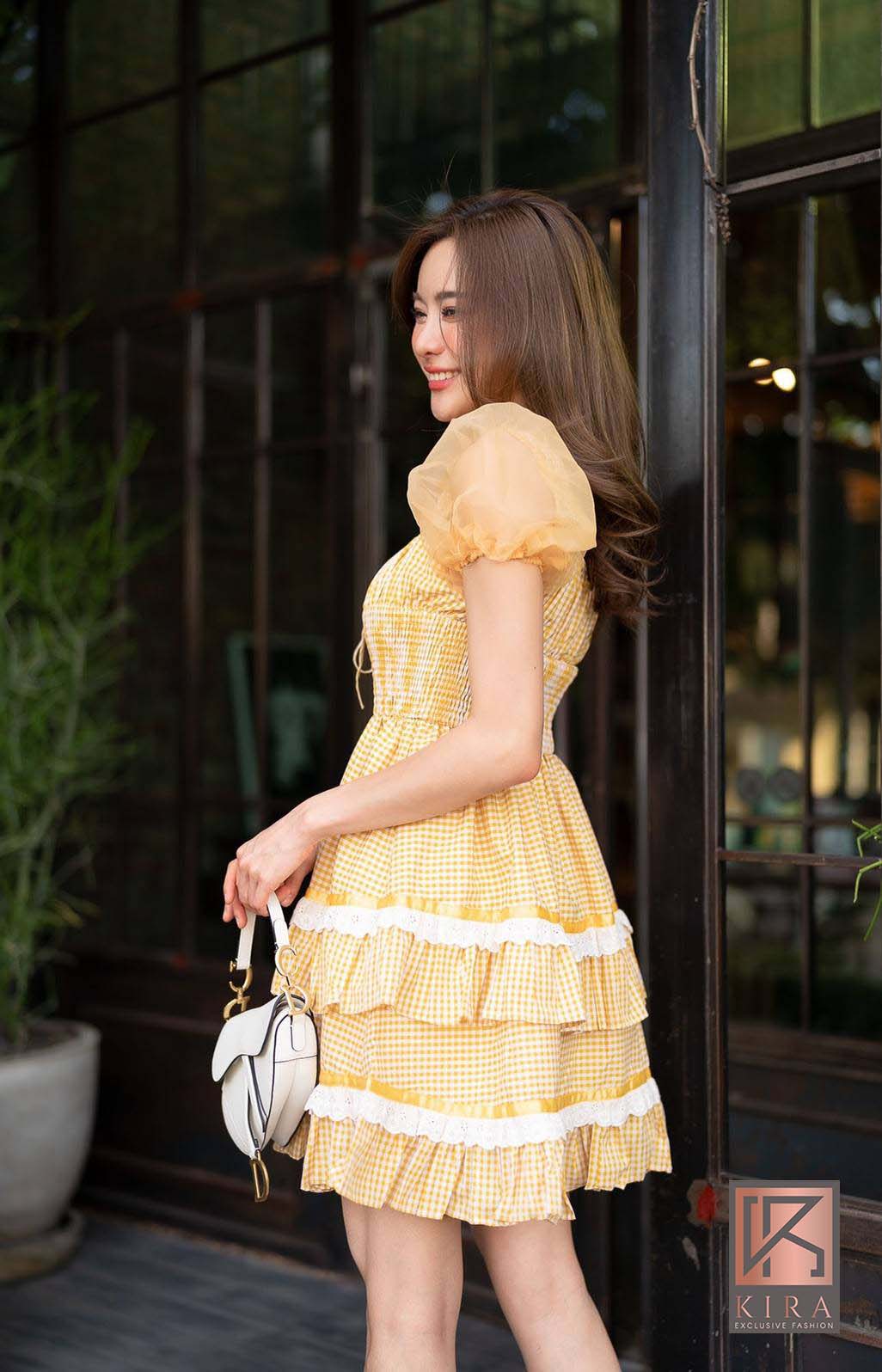 เดรสลายสก็อต แต่งเเขนทรงตุ๊กตา