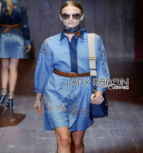 Gucci Blue Denim Shirt Lady Ribbon Dress เชิ้ตเดรส