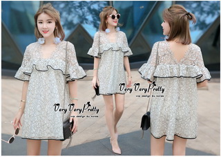 VP02310816 Luxury Floral Embroidery MINI Dress มินิเดรสสไตล์เกาหลี น่ารักมากค่ะ