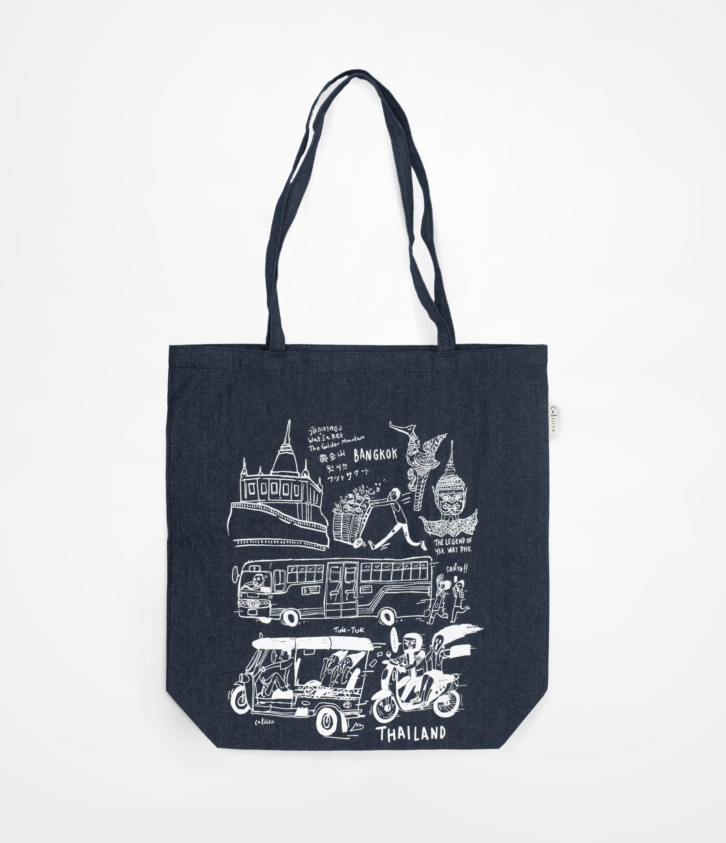 caliiicoกระเป๋าสะพายผ้ายีนส์ ลายไทยแลนด์ Tote bag denim fabric print with Bangkok story