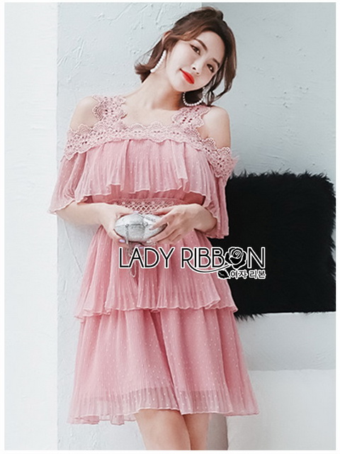 เดรสผ้าชีฟองจับพลีตตกแต่งลูกไม้