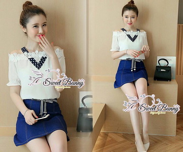 Lady Ribbon Online ขายส่งเสื้อผ้าออนไลน์พร้อมส่งของแท้ SW16220716 Sweet Bunny Present... Mixing Blouse Denim Skirt Set