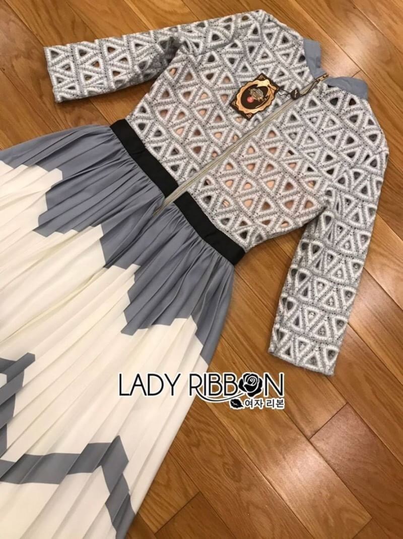 Skirt Dress เดรสผ้าลูกไม้ลายสามเหลี่ยมกระโปรงพลีท