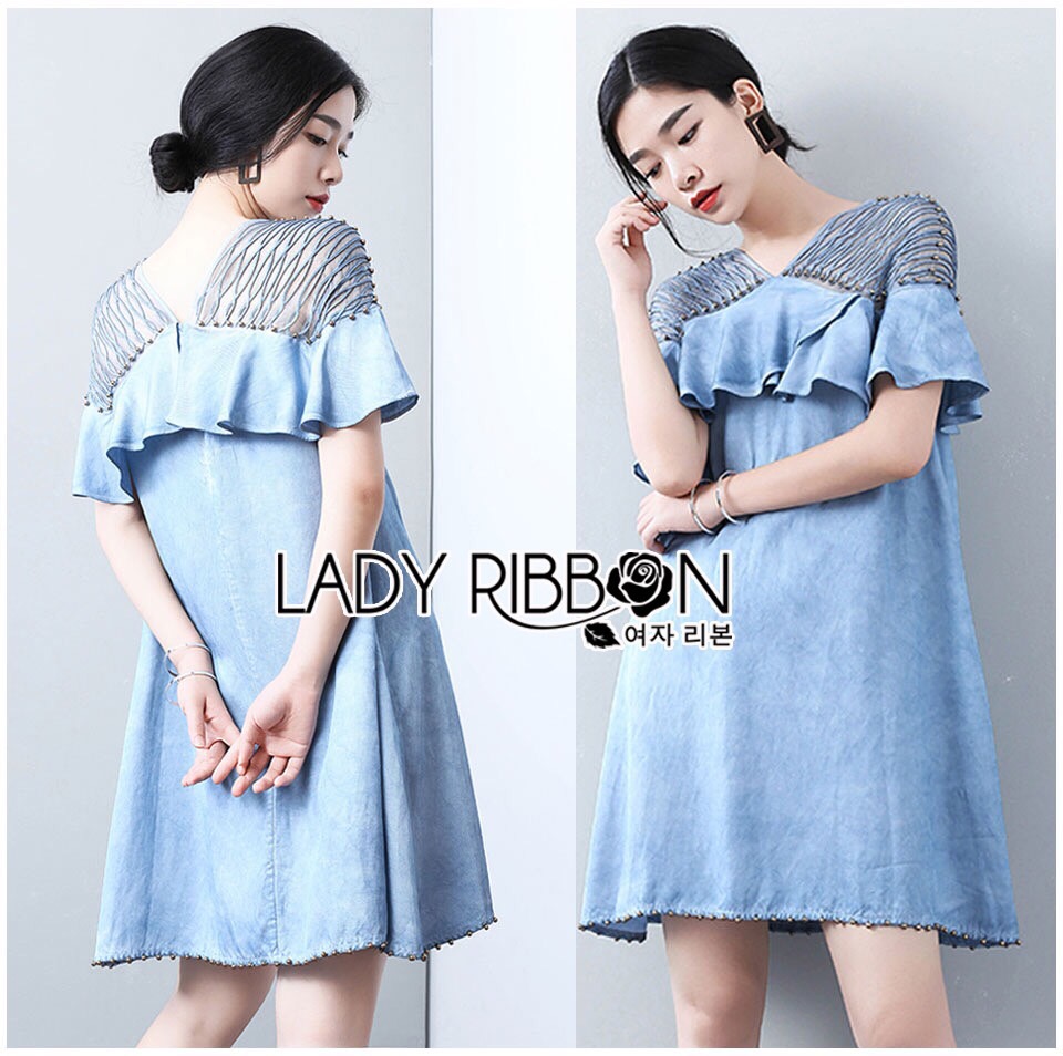 Lady Ribbon Online เสื้อผ้า ออนไลน์ ขายส่ง LR14230616 🎀 Lady Ribbon's Made 🎀 Lady Chrisele Studded Embroidered Frilled Polyester Mini Dress