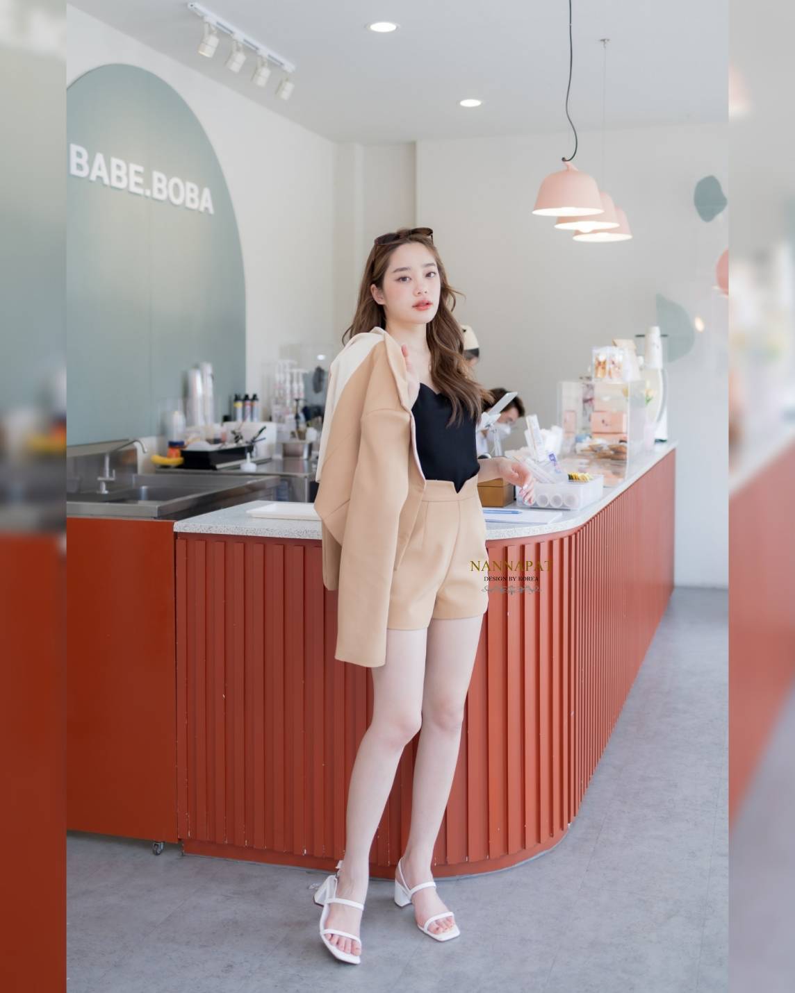 เสื้อคลุมทูโทน กระดุมหน้า พร้อมเสื้อยืดสายเดี่ยว