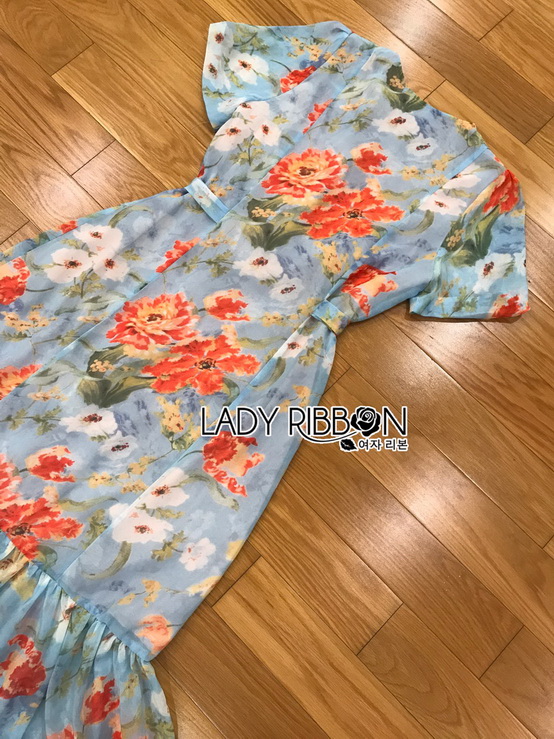เดรสผ้าชีฟองพิมพ์ลายดอกไม้โทนสีส้มสด