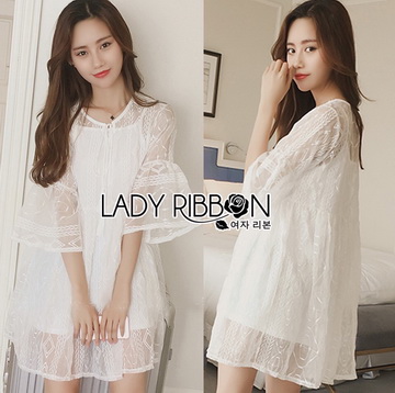 Lady Ribbon Online เสื้อผ้าออนไลน์ขายส่ง LR17070716 🎀 Lady Ribbon's Made 🎀 Lady Blake Sweet Pure White Embroidered Organza Dress with Tassel