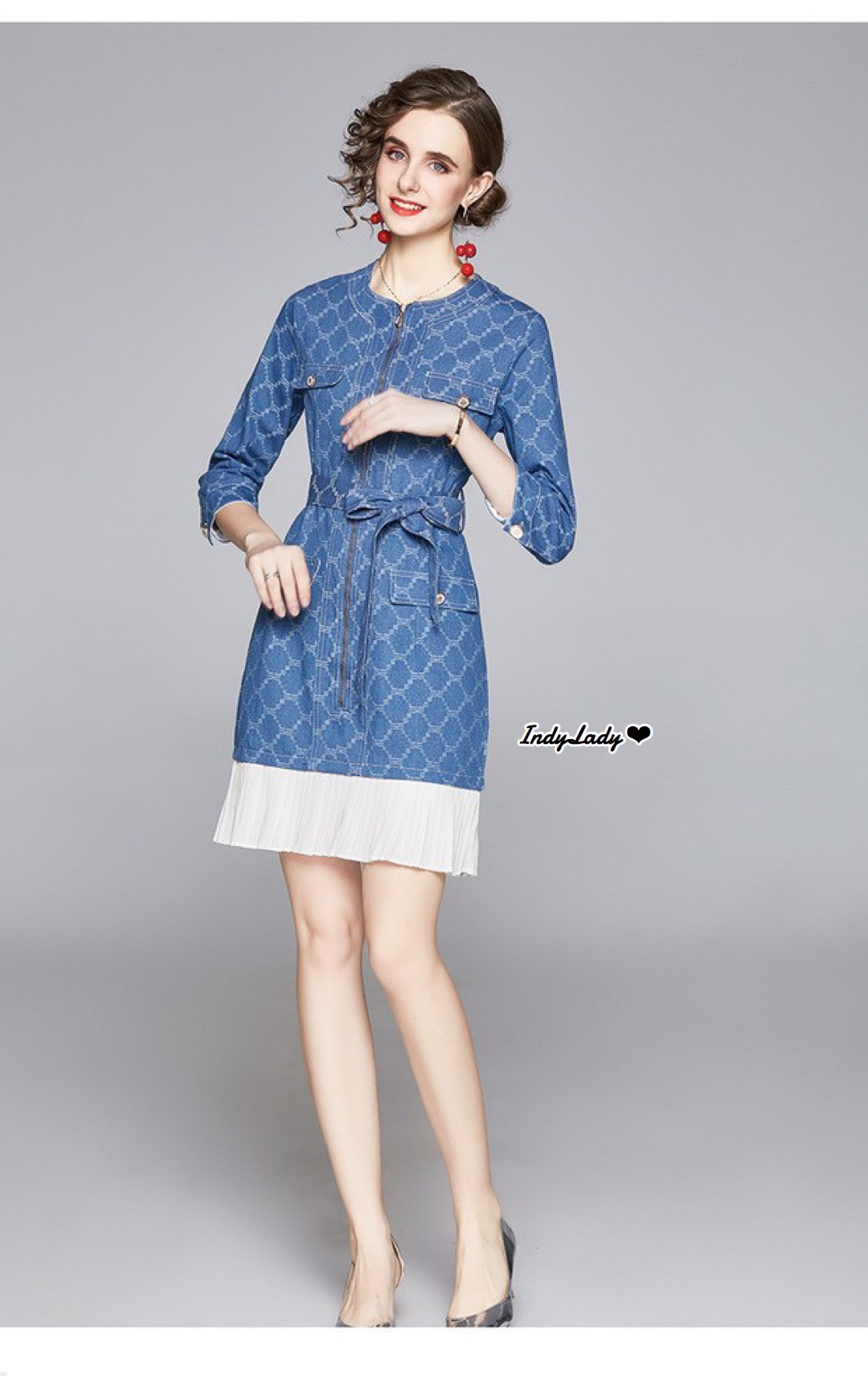 Dress เนื้อผ้ายีนส์ แขนยาว ซิปหน้า