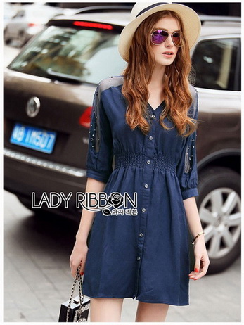 Lady Natalie Minimal Organza and Denim Cotton Shirt Dress