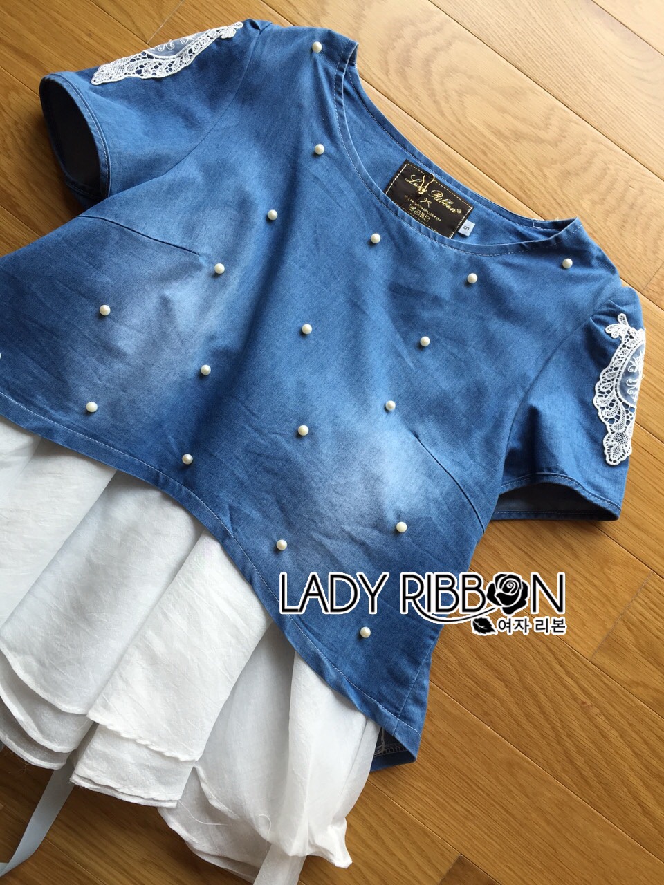 🎀 Lady Ribbon's Made 🎀 ขายส่ง Lady Monica Casual Chic Pearl Embroidered Denim and Chiffon Set ขายส่งเซ็ตเสื้อแขนสั้น