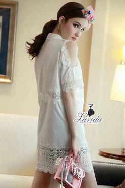 Lady Ribbon Online เสื้อผ้าออนไลน์ ขายส่ง ของแท้ LV02040716 🍭Korea Design By Lavida hi-end pearl decorated sleeve premium lace white dress