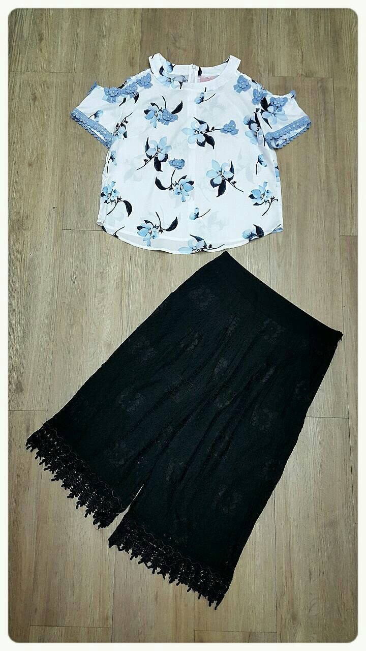 SW15010916 Sweet Bunny Present... Cold Shoulder Floral Blouse And Lace Pants Set ชุดเซ็ทเสื้อ+กางเกงลูกไม้