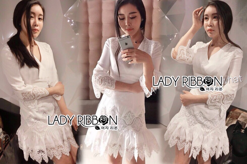 : Lady Ribbon Online LR03300516 🎀 Lady Ribbon's Made 🎀 Lady Eva Classic White Polyester and Lace Ruffle Dress