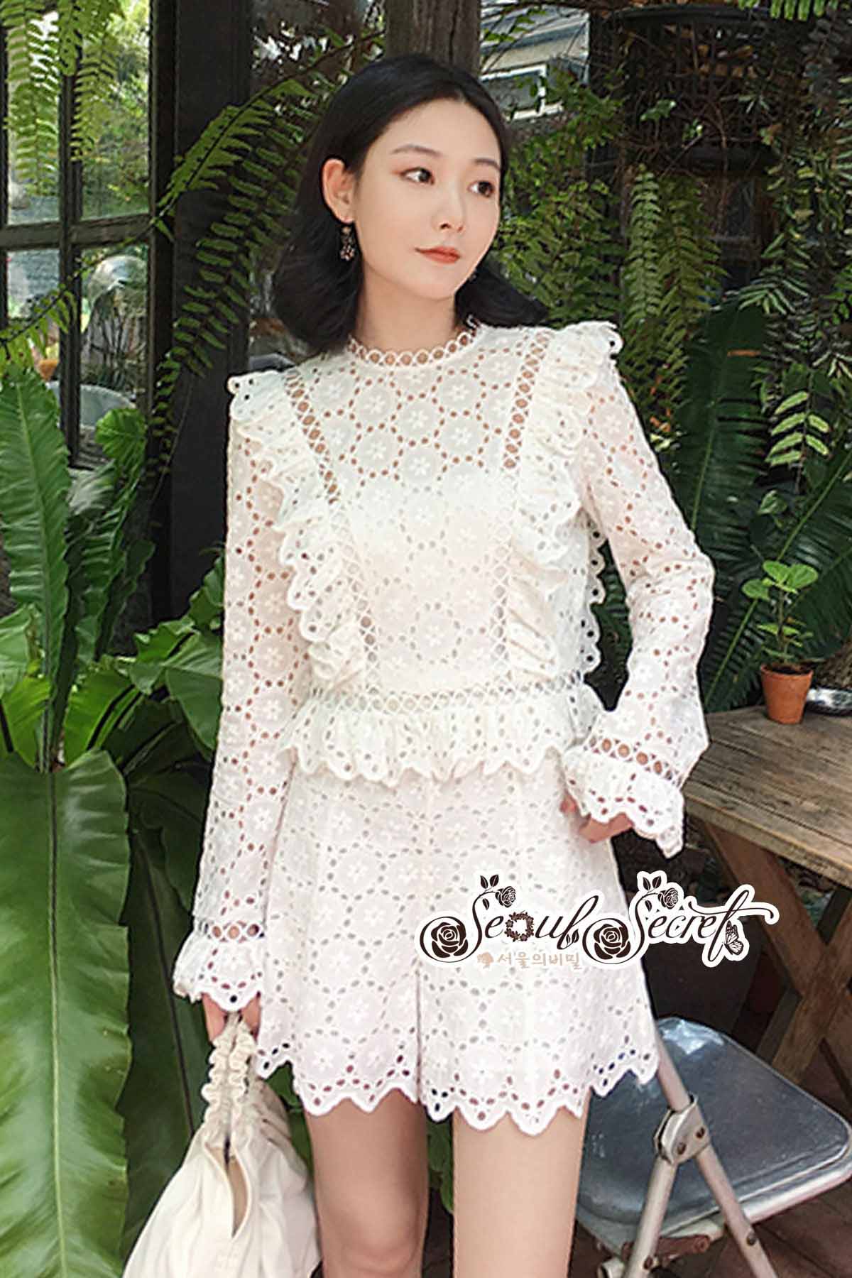 เซ็ทฉลุลายสวยหรูลุคสาวเกาหลีโทนสีขาวคลาสสิก