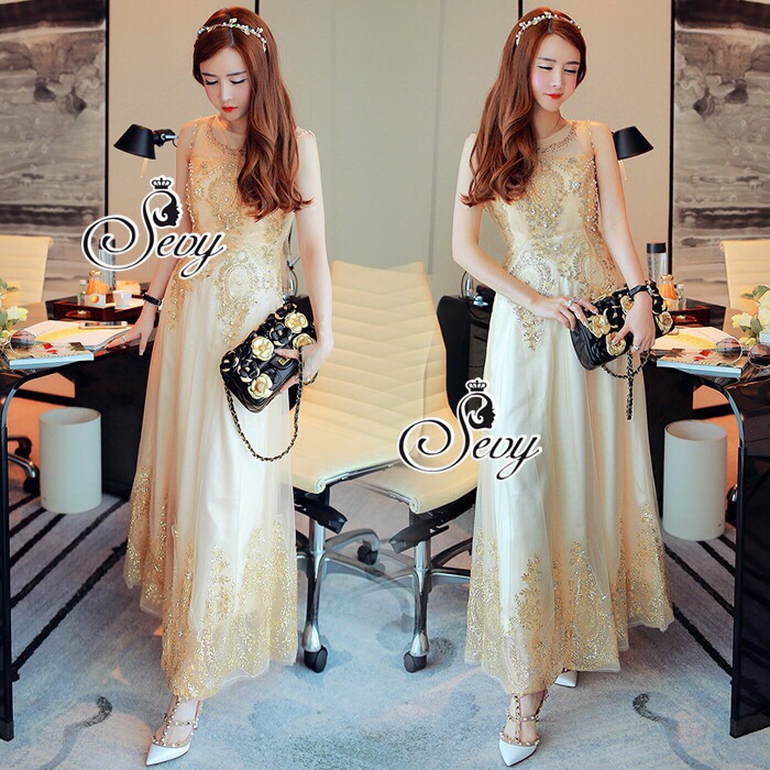 Lady Ribbon Online Sevy SV03290516 🎉Sevy Golden Edge Sleeveless Vintage Maxi Dress