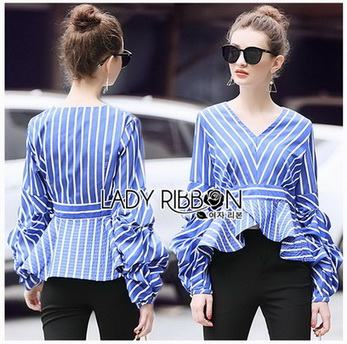 Blouse เสื้อผ้าคอตตอนลายทางสีน้ำเงินจับเดรป