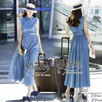 Lady Ribbon Online เสื้อผ้าแฟชั่นออนไลน์ขายส่ง เลดี้ริบบอนของแท้พร้อมส่ง Siter ST11240716 🍀สินค้าพร้อมส่ง🍀 한국에 의해 설계된 2Sister Made, Adorable Blue Vintage wuth Sleevless Dress