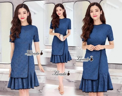 dress เดรสลูกไม้ทอลายสวย ทรงแขนสั้นชายกระโปรงระบายหวาน