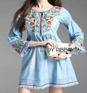 Lady Ribbon Soft Denim Dress เดรสผ้าเดนิมอ่อน