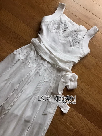 White Cotton and Lace Jumpsuit with Ribbon