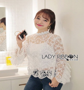 Lady Ribbon White Lace Blouse with Ribbon