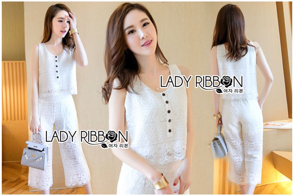 Lady Ribbon Online LR18230516 🎀 Lady Ribbon's Made 🎀 Lady Cara Holiday Casual White Lace Cropped Top and Culottes Set