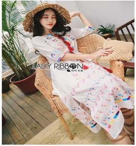 Chic Colorful Embroidered Cotton Lady Ribbon Dress