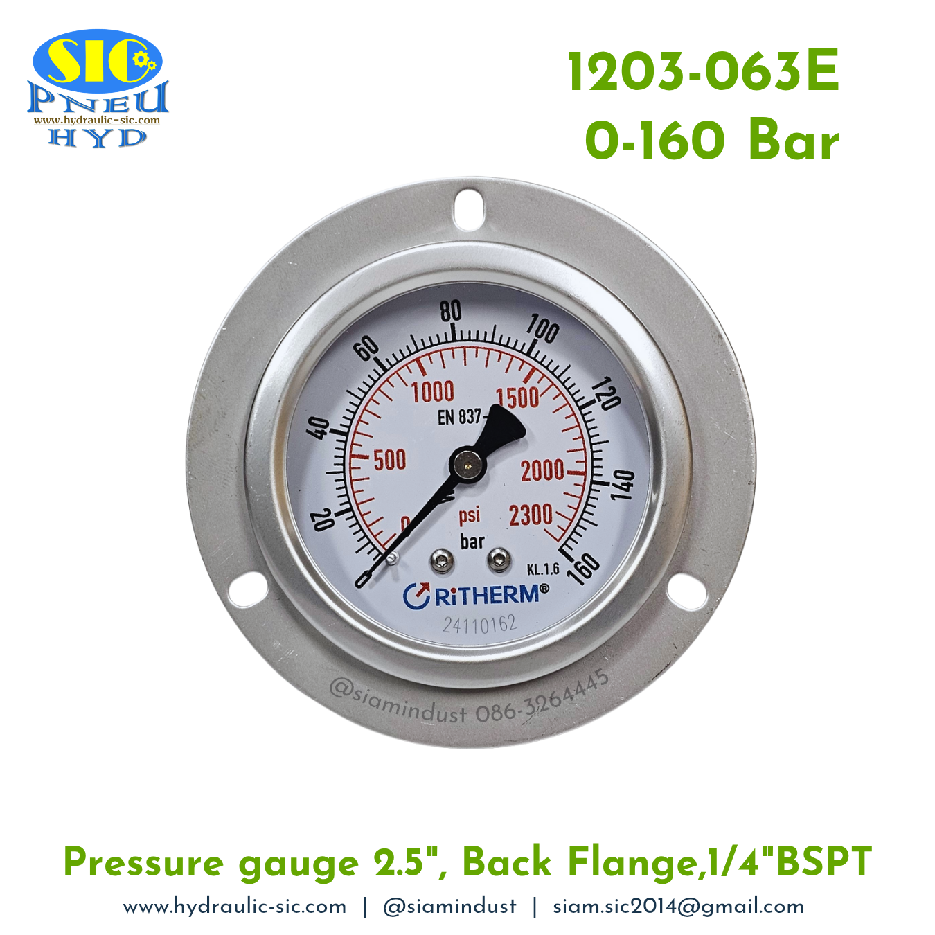 1203-063E Pressure Gauge เกจวัดแรงดันหน้าปัด 2.5" เกลียว 1/4" BSPT ออกหลัง RiTHERM