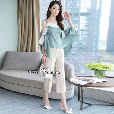 เซ็ทเสื้อ+กางเกงเกาหลีเสื้อผ้าไหมซาติน