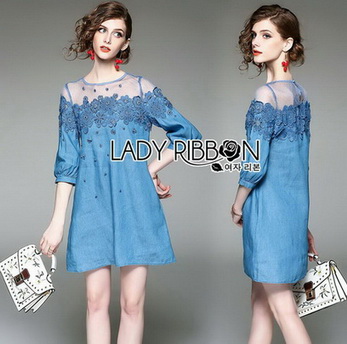 Lady Erin Casual Denim and Lace Mini Dress
